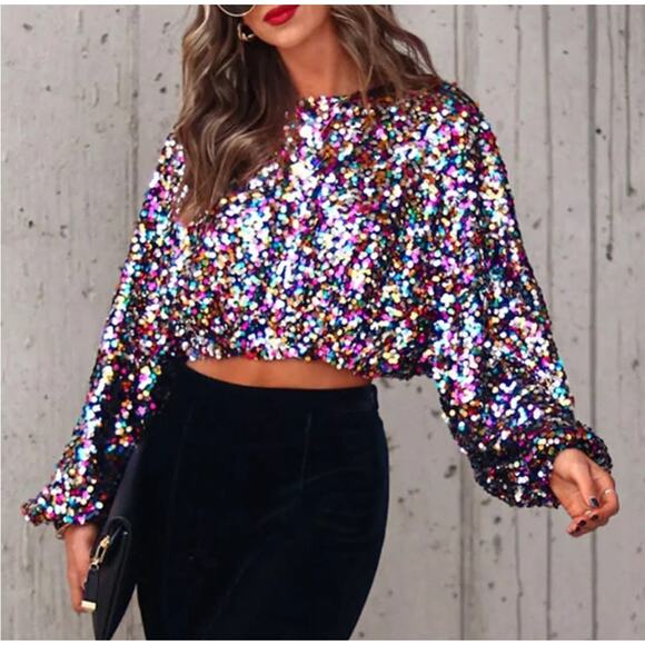 NWT En Creme Multi Color Rainbow Rubina Confetti Sequin Cropped Top - Picture 12 of 14